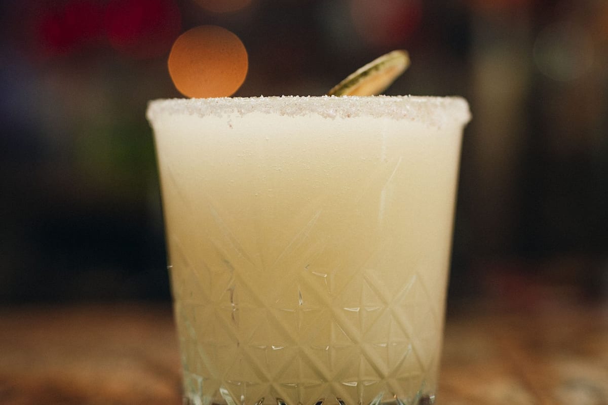 A house lime margarita with a salted rim