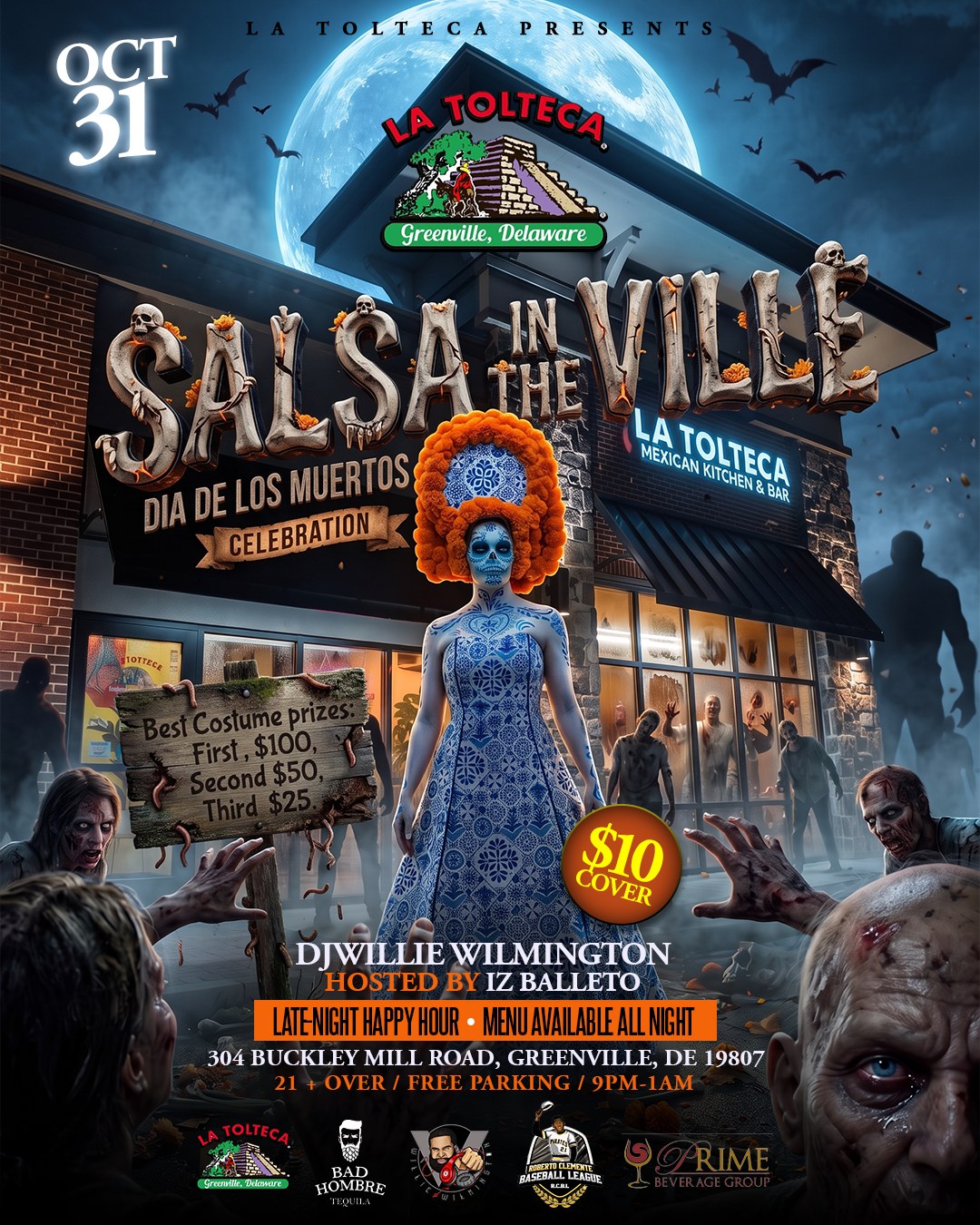 Flyer for Salsa in the Ville, a Día de los Muertos celebration at La Tolteca on October 31 from 9pm to 1am, 21 and over, $10 cover